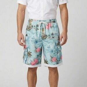 Ingear Mens Medium Tropical Hibiscus Cargo‎ Board Swim Shorts Mesh Liner EUC